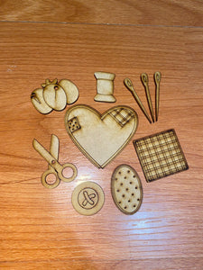 Juego mini decoraciones costura madera 3mm corte laser 008 PLASERVAR